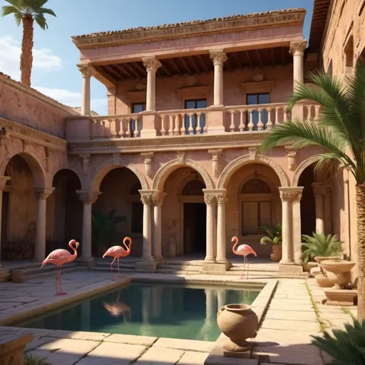 Prompt: (1st century Roman villa), ancient architecture, (des Desert landscape), presence of animals pink flamingos, lush palm trees swaying, warm golden sunlight casting shadows, rustic stone textures, intricate tile work, historical ambiance, inviting courtyard with tranquil water features, (highly detailed), rich colors, reflecting the grandeur of the Roman Empire, serene yet majestic atmosphere, (4K quality).