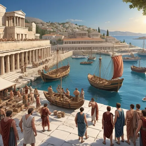 Prompt: (1st century greek scene), detailed view of a port in ancient greece, citizens engaged in daily activities, historical accuracy, marketplace , vibrant colors, , intricate clothing of the era, proxmity with the sea, rich ambience of history and culture, ultra-detailed, immersive experience.