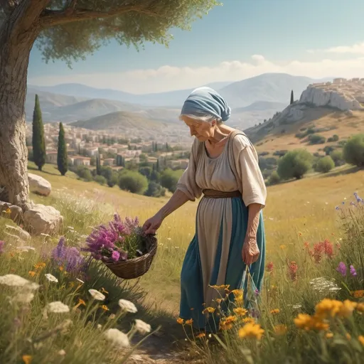 Prompt: an old woman from ancient greece picking flowers in a meadow