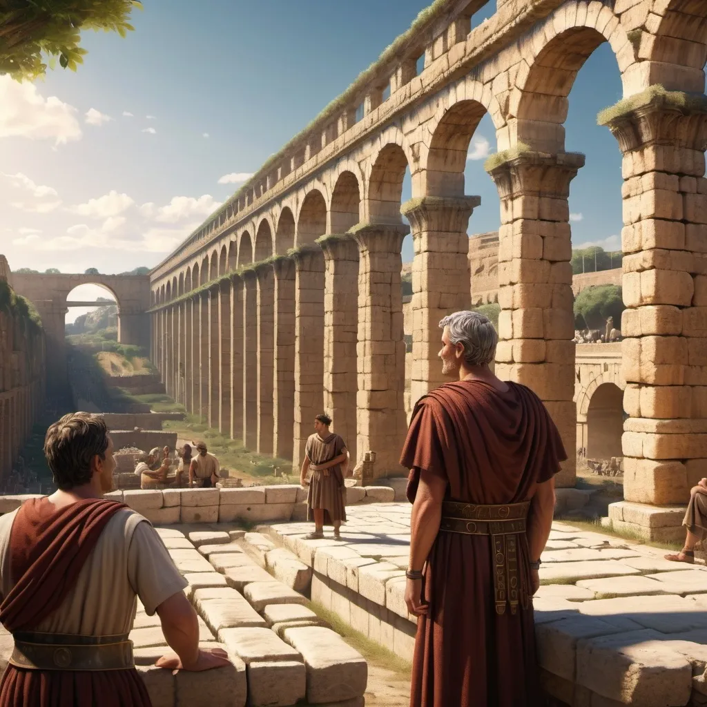 Prompt: (Ancient Roman engineer), contemplating (aqueduct under construction with antic workers on it), detailed architecture, (historical setting), warm tones, sunlit scene, (intricate workers with clothes era), focused expression, toga attire, sense of determination, majestic backdrop of the aqueduct, (4K resolution), captivating atmosphere blending  history.