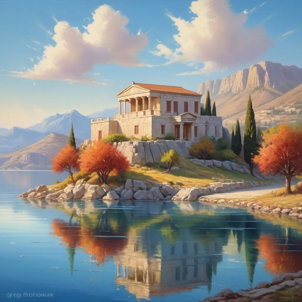 Prompt: ancient greek house and a large lake, Greece, mountains in the background, fortress on a hill, sunny weather, hyperrealistic, extremely detailed painting by Greg Rutkowski by Steve Henderson 
