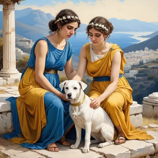 Prompt: two ancient greek girls, detailed blue and yellow tunics, petting a white dog in the mountains of ancient greece, paintng style