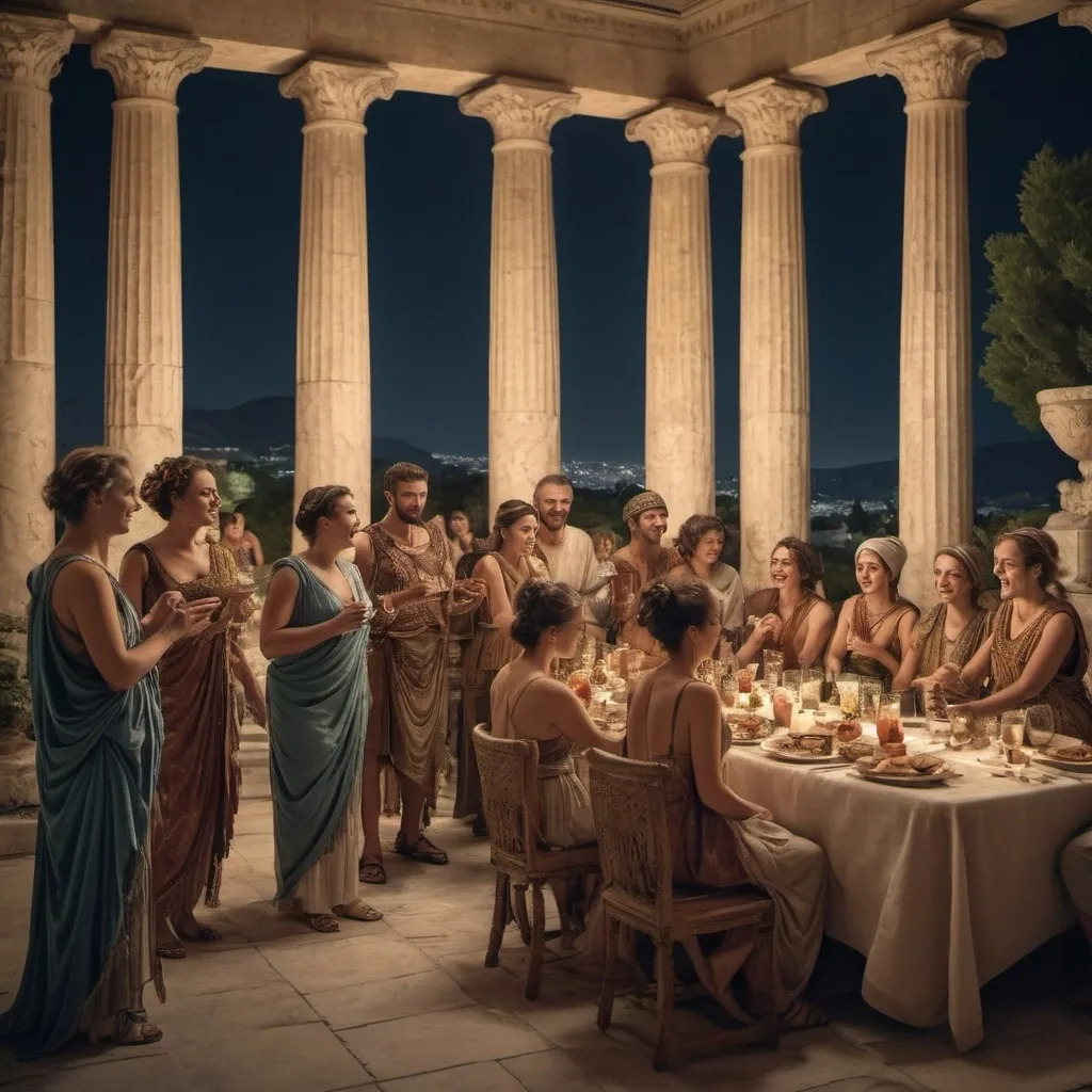 Prompt: Ancient Greek residents sont à un banquet, exuberant atmosphere, (elaborate villa) in the background with (majestic columns) and (intricate sculptures), joyful expressions, wearing traditional garments, at night, ultra-detailed, cinematic quality, capturing a sense of happiness and togetherness in this historic moment.










