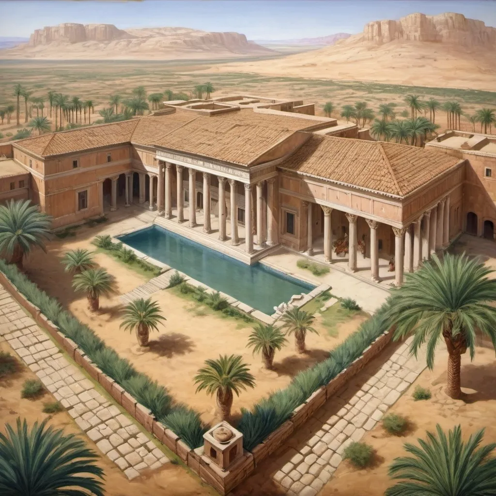 Prompt: 1st century roman empire architecture, a roman villa in the desert with palms and an oasis, painting, view from above