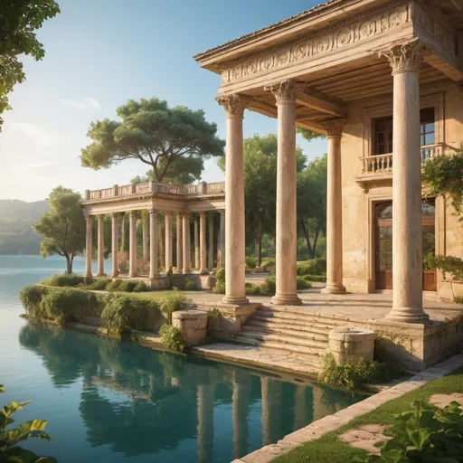 Prompt: (ancient villa), 1st century Roman architecture, lush greenery surrounding, majestic lake view, serene ambience, warm golden sunlight, terrace with elegant columns, clear blue lake in the background, tranquil atmosphere, idyllic setting, ultra-detailed, high quality, cinematic capture