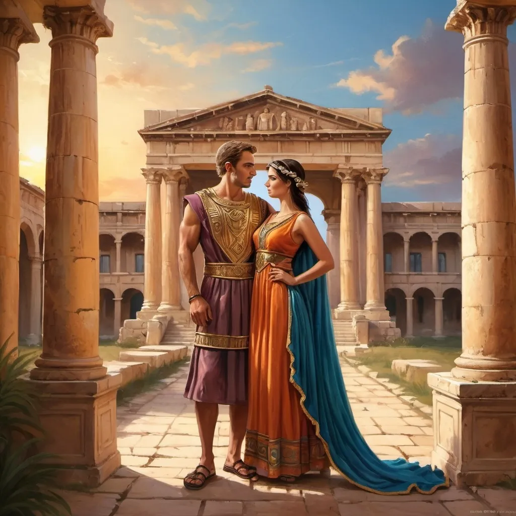 Prompt: a punic couple in front of a majestic palace in Carthage, punic dress, and punic architecture, ancient scene, 1st century era, painting style