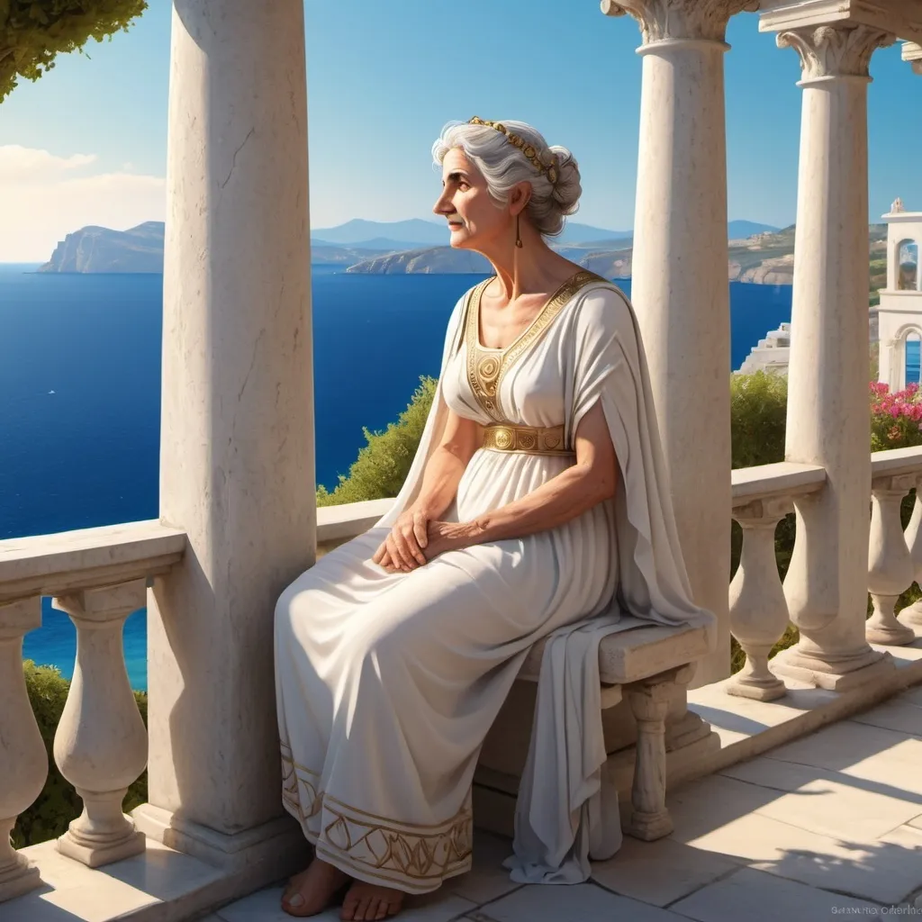 Prompt: cartoon, A old ancient greek lady dressed with a white ancient greece dress (1er siècle), is on her ornate balcony, breathtaking seaside view, charming Greek islands in the distance, rich architectural details, warm sunlight casting gentle shadows, vivid blue ocean, serene atmosphere, historical elegance, lush greenery surrounding the villa, ultra-detailed, cinematic quality, inviting ambiance, tranquility. video game style.
HD