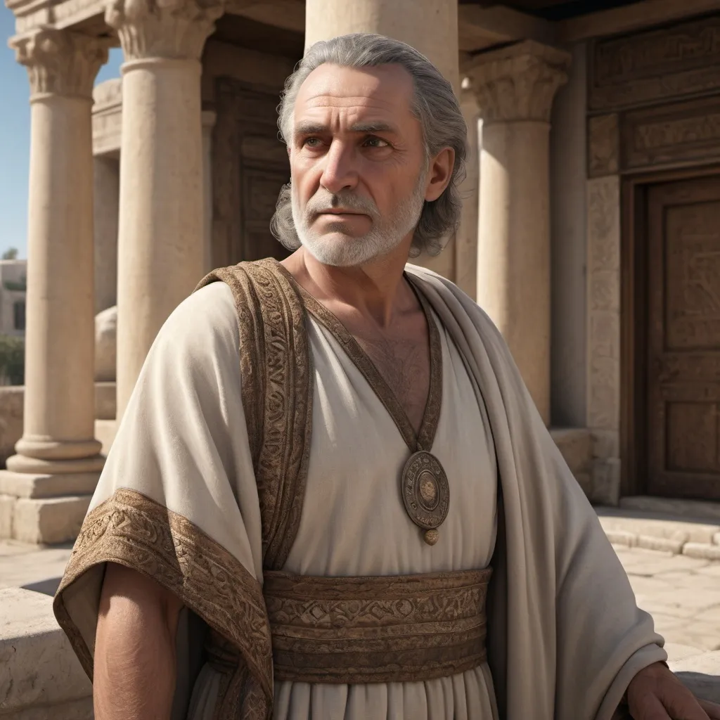 Prompt: A 60 years old Carthaginian man, pale skin, grey hair, , brown eyes, traditional Punic dress, Ancient Carthage, photorealistic, extremely detailed 