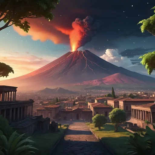 Prompt: (video game style), (high-quality illustration), stunning volcano view of Pompei, (dramatic sky), soft glowing stars twinkling above, lush landscape detail with rich greenery, deep shadows enhancing the features, (rich colors) radiating vibrancy, crisp outlines for clarity, immersive atmosphere exuding tranquility, breathtaking scenery adorned with subtle wisps of smoke from the volcano, creating an evocative and peaceful scene, 4K ultra-detailed quality.