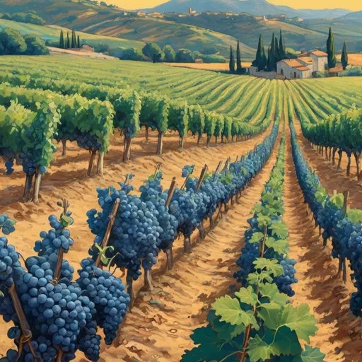 Prompt: cartoon style, bande dessinée, (champs de vignes à l'antiquité), (Grecs récoltant des vignes), nombreuses cultivations luxuriantes, ciel bleu intense, intense lumière du soleil, ambiance joyeuse, chaleur estivale, textures riches de la vigne, détails des robes antiques, arrière-plan de collines verdoyantes, atmosphère sereine, ultra-détaillé, composition harmonieuse, impression de tranquillité et prospérité dans l'Antiquité.