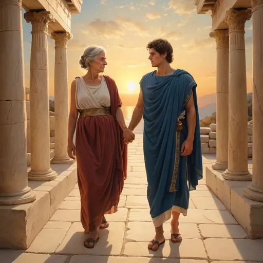 Prompt: (artistic masterpiece), (1st century aesthetic), Greek tunics, a serene 50-year-old woman and her vibrant 20-year-old son leaving for war tranquil yet powerful atmosphere, sunset, golden light saturating the scene, high depth, ultra-detailed, evocative emotions, immersive and visually stunning composition, connection between generations emphasized, rich textures and color tones enhance antiquity.