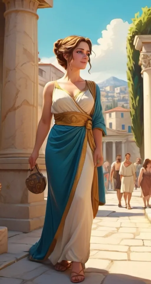 Prompt: (pulling emphasis on) a gracious woman, from aristocracy, 40 years old, époque antique, (vibrant colors), style cartoon, (video game aesthetics), character design featuring youthful features and engaging expression, detailed clothing inspired by ancient Greece, lively background depicting ancient city, sunny atmosphere, (dynamic and immersive), HD quality.