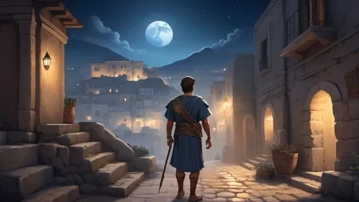 Prompt: Third person, gameplay, Greek soldier with historic vibes, blue tunic, tnuic from Ancient Greece, olive skin, brown hair, brown eyes,, old streets  at night, foggy, blue atmosphere, cartoony style, extremely detailed cartoon. Moon. View above a greejk ancient city 