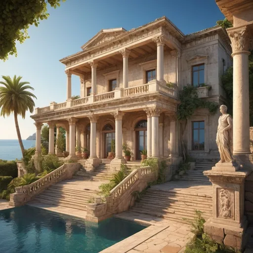 Prompt: a beautiful villa  1st century in Rome. vith a view on the sea