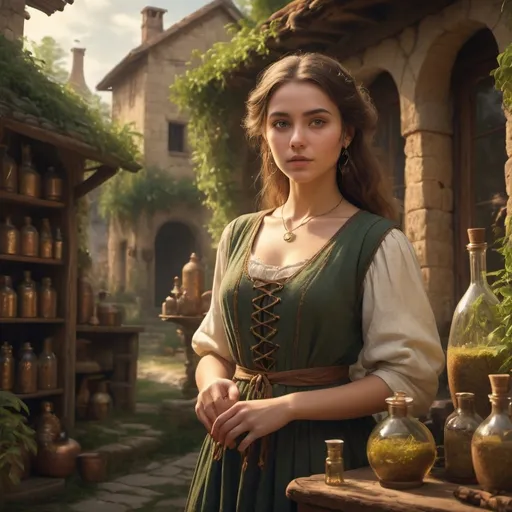 Prompt: young woman (antiquity), (4K), (ultra-detailed), dramatic lighting, serene landscape background, ancient village setting, mysterious potions, lush greenery, warm golden tones, historical essence, captivating atmosphere, whimsical charm, magical aura, full-body pose, carefully crafted details, intricate clothing, wise expression, apothecary-themed items surrounding.