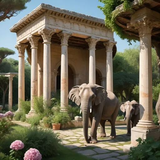 Prompt: (elephants in a lush garden of a Roman villa), (ancient architecture), vibrant greenery, (sun-drenched), classical statuary, blooming flowers, (historical elegance), serene ambiance, intricate details in the flora and fauna, picturesque setting with soft shadows, (ultra-detailed), tranquil and majestic atmosphere, rich textures of the surroundings.