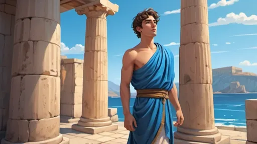 Prompt: (cartoon) (cartoon illustration of a young man in a game), (grèce antique) beautiful 20-year-old man, (oil tan skin), (blue ancient Greek tunic), (ancient Greek pier background), (vibrant colors), (dynamic anime style), (ultra-detailed), (video games style), (bande dessinée), (whimsical ambiance), bright and cheerful atmosphere. vibrant colors, dynamic, greek tunic from Antiquity, action-packed atmosphere, (whimsical cartoon style), (highly expressive), cinematic flaird, playful vibes, 4K resolution, engaging composition, capturing the essence of ancient greece
