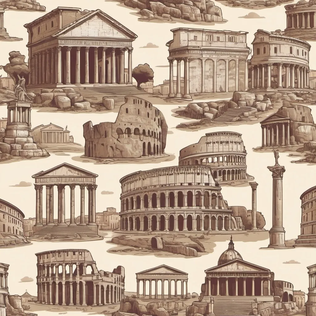 Prompt: Splendid monuments of Rome during antiquity, cartoon style, representing some monuments in Roman antic style. 