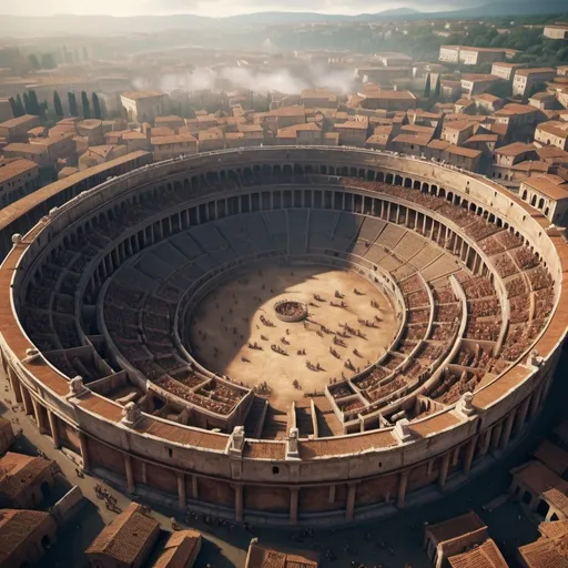 Prompt: (colossal ancient Roman gladiatorial arena), bird's-eye view, intricately detailed architecture, 1st century design, (historical accuracy), vibrant colors, dramatic lighting, shadowy depths, atmospheric fog, (exuberant crowd in period attire), rich textures, (4K ultra-detailed), emphasis on grand structure, captivating composition, evokes a sense of historical majesty, dynamic scene subtly hinting at action or festivity.