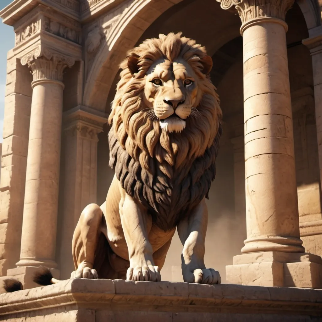 Prompt: (majestic lion), ancient Roman architecture backdrop, detailed stone structures, warm sunlight illuminating the scene, dramatic atmosphere, roaring expression, fierce gaze, spectators in awe, historical elements like pillars and arches, dusty arena ground, powerful and grand, HD, ultra-detailed depiction, evoking wonder and excitement. video game style. 