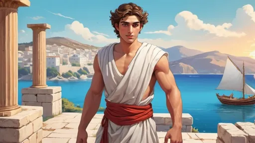 Prompt: (cartoon) (cartoon illustration of a young man in a game), (grèce antique) beautiful 20-year-old man, (oil tan skin), (white ancient Greek tunic), (ancient Greek pier background), (vibrant colors), (dynamic anime style), (ultra-detailed), (video games style), (whimsical ambiance), bright and cheerful atmosphere. vibrant colors, dynamic, greek tunic from Antiquity, action-packed atmosphere, (whimsical cartoon style), (highly expressive), cinematic flaird, playful vibes, 4K resolution, engaging composition, capturing the essence of ancient greece
