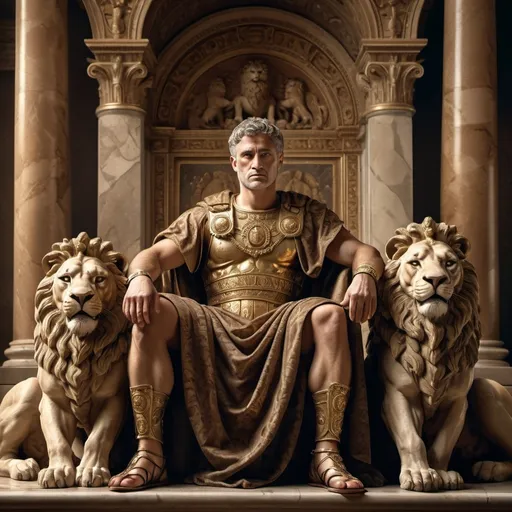 Prompt: (ancient era) 1st century Roman emperor is seated close to a lion , high-quality illustration, ultra-detailed.