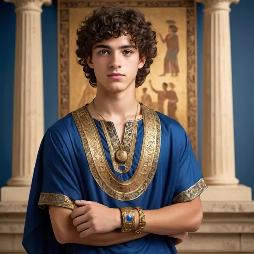 Prompt: (Young man from ancient Greece), brown eyes, black eyes, curly hair, handsome features, age 20, wearing a detailed (vibrant blue and gold tunic) with intricate patterns, ornate gold bracelet, historic atmosphere, set against a classical Greek backdrop, warm golden lighting, serene ambiance, ultra-detailed, high-quality portrait, showcasing the charm and elegance of ancient culture. cartoon style