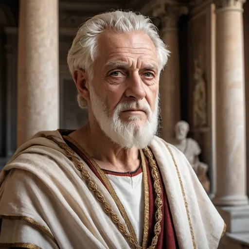 Prompt: portrait of an elderly man from ancient Rome, a man of high aristocracy, a beard and mid-length white hair, very rich and powerful, in his palace, 1st century style, roman architecture with sculptures, essence of power and ancient rome, ultra detailed