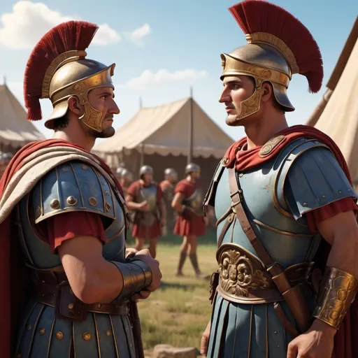 Prompt: two roman soldiers in tunics with detailed faces, animated (cartoon) style, engaged in conversation about strategy, preparing a war,, roman military camp backdrop, historically rich ambiance,  (4K ultra-detailed), vibrant colors evoke a sense of antiquity and power,  reflecting the grandeur of ancient Rome and war preparation.