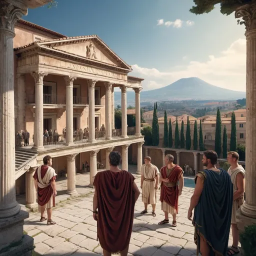 Prompt: (some senators in front of an ancient Roman villa), full view, from above, beautifully preserved architecture, (1st century), ornate columns, some residents in front of the building, people in ancient attire, historical ambiance,  stunning views on a volcan, (ultra-detailed), (high-quality), meticulously detailed elements that capture the essence of antiquity.