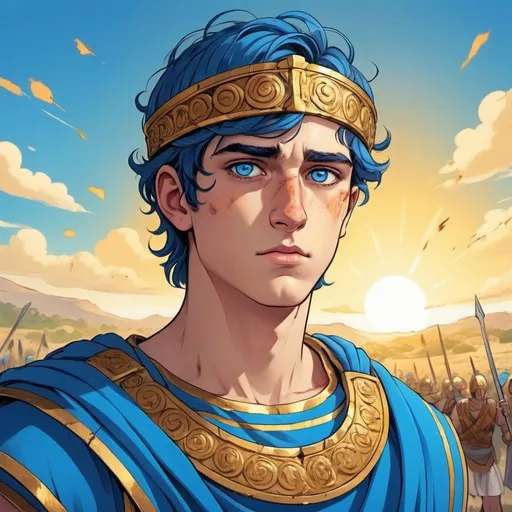 Prompt: (cartoon) beautiful 20-year-old man, wounded in war, (blue ancient Greek tunic), (blue eyes), (golden circlet), (ancient Greek battlefield), (vibrant colors), (dynamic anime style), (ultra-detailed), (video games style), (comic strip), (whimsical ambiance), intense and disturbing atmosphere.