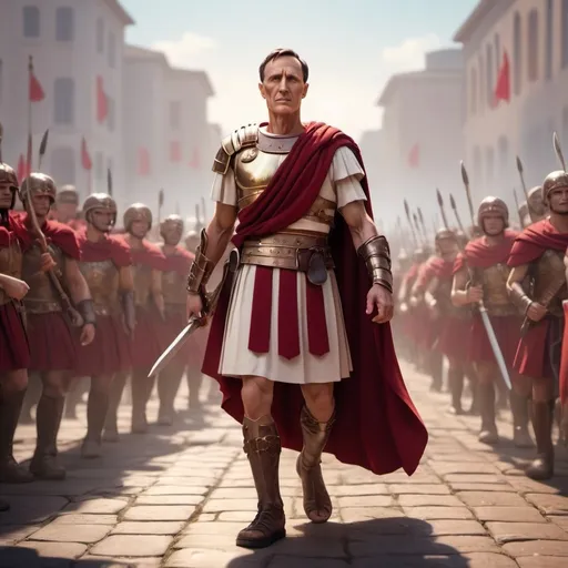 Prompt: (Julius Caesar leading his legion) cartoon style, (vibrant colors), (dynamic poses), dramatic expressions, heroic atmosphere, (4K) quality, bokeh effect, (natural lighting), (photorealistic) nuances with shadows, army in the background ready for battle, emphasizing sense of movement and anticipation, engaging and whimsical theme, epic adventure feel.

