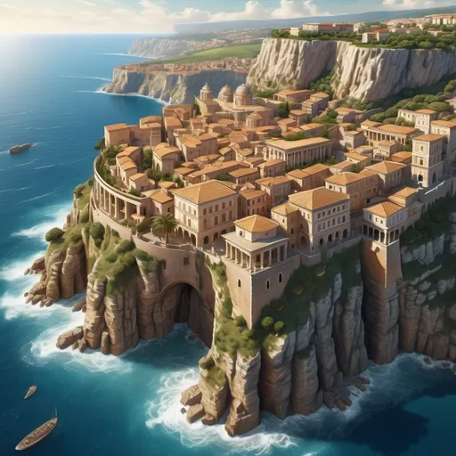 Prompt: (aerial view of a Roman town during antiquity), perched on a dramatic cliff overlooking the sparkling Mediterranean Sea, showcasing exquisite (1st century) historical architecture, warm sunlit tones reflecting on striking structures, lush greenery contrasting with rugged cliffs, soft ocean waves crashing below, serene and tranquil atmosphere, ultra-detailed, high quality, immersive composition capturing the essence of ancient roman empire prosperity. 