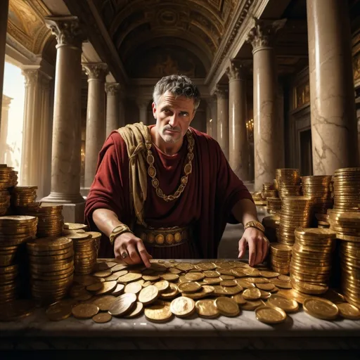 Prompt: (Ancient Roman tax collector), wearing tattered tunics, surrounded by piles of gold and treasure, (opulent atmosphere), golden and marble walls, grand columns in the background, dramatic lighting casting deep shadows, intricate details of coins and jewels, (ultra-detailed) and (16K quality), evoking an extravagant and luxurious environment, highlighting the wealth and power of the tax collector, rich colors enhancing the lavish decor.