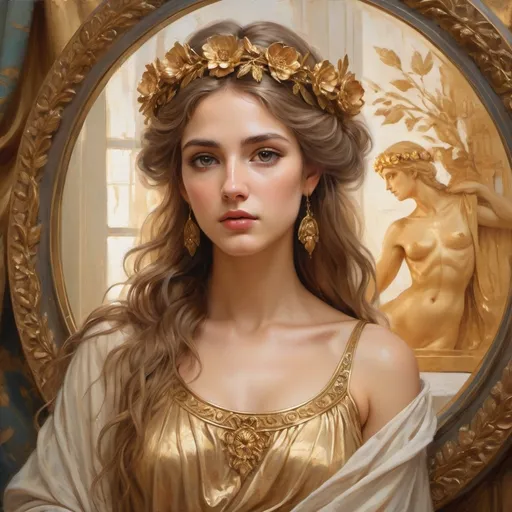 Prompt: (breathtaking oil painting), (ancient Greek beauty), a stunning woman gracefully gazing into an ornate golden mirror, delicate facial features, flowing classical attire, soft flowing hair adorned with a floral crown, warm golden tones, lush decorative patterns in the background, an atmosphere of elegance and nostalgia, ultra-detailed, highly artistic and expressive masterpiece.