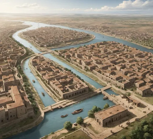 Prompt: A Bronze Age city city, constructed of stone and with a river at its center



