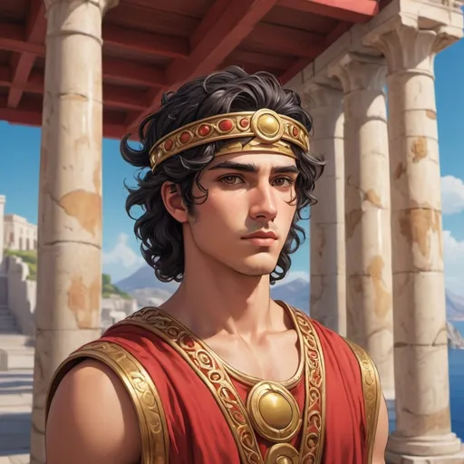 Prompt: (cartoon) gameplay, beautiful 20-year-old man, (oil tan skin), (black wavy hair), (black eyes), (red ancient Greek tunic), (golden circlet), (ancient Greek pier background), (vibrant colors), (dynamic anime style), (ultra-detailed), (video games style), (bande dessinée), (whimsical ambiance), bright and cheerful atmosphere.