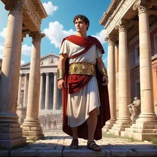 Prompt: (bande dessiné) young Roman senator, (ancient Rome) historical setting, vibrant colors, (dynamic atmosphere) inspired by video games, intricate clothing details typical of the time, (cool tone lighting) capturing the spirit of ancient antiquity, richly illustrated background depicting Roman architecture, (character pose) embodying leadership and charisma, (HD) ultra-detailed artwork for cartoon