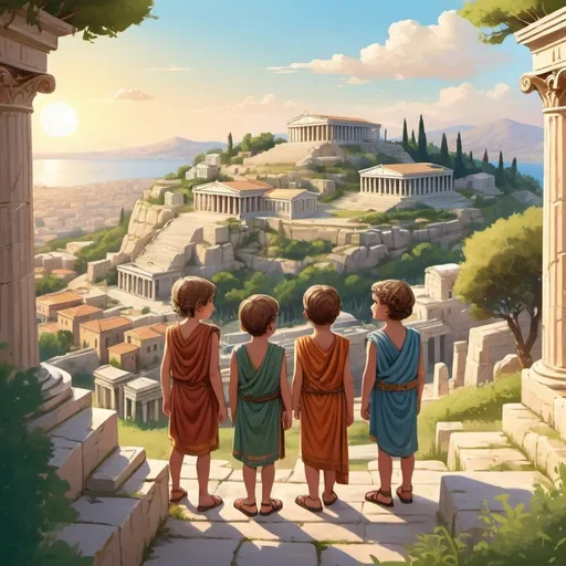 Prompt: (cartoon style), bande dessinée, (ancient Greek kids), 4 kids wearing tunics, standing atop a hill, admiring a stunning view of an ancient Greek city, majestic classical architecture, vivid colors, warm sunlight illuminating the scene, serene and contemplative ambiance, lush greenery below, intricate details in the structures, (high-quality illustration).