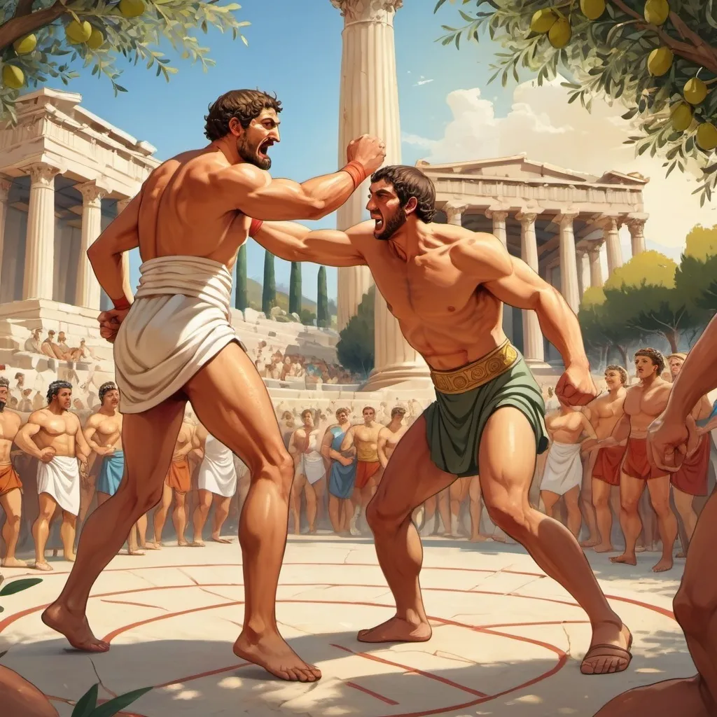 Prompt: (cartoon depiction of ancient Olympic Games), (historical accuracy), deux athlètes grecs font de la lutte