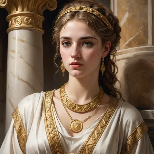 Prompt: (ancient era) 1st century, a young aristocrat roman lady 20 ans (detailed roman gold and white tunic), atmosphere evoking seduction realism and historic detail, richly textured fabrics and jewelry, expressive faces, captivating expressions, high-quality illustration, ultra-detailed. representation of love and antiquity. 