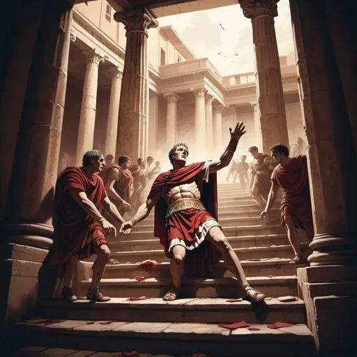 Prompt: Stabbed Julius Caesar falling on steps, ancient Roman architecture, dramatic downlighting, low angle, tragic, historical illustration style