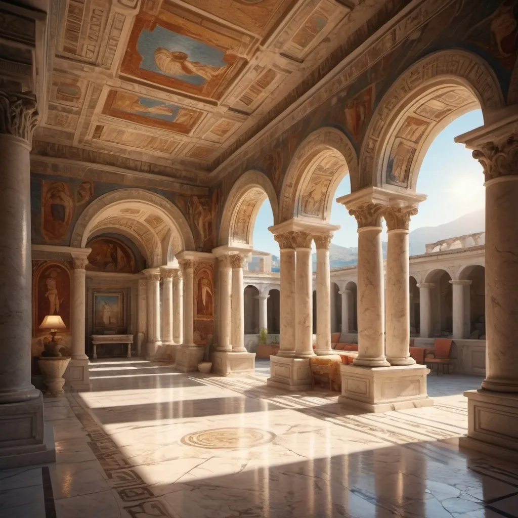 Prompt: (ancient Roman house interior), grand marble architecture, greek styles paintings on the wall, atmospheric background of vivid mosaics, glowing sunlight filtering through arched windows,  (4K ultra-detailed) scene, evoking a sense of beauty and antiquity.