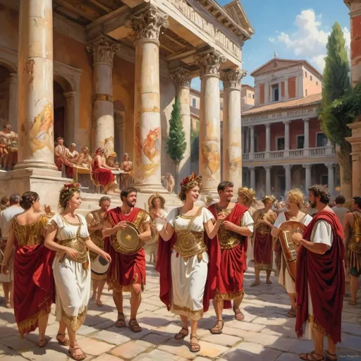 Prompt: (ancient Romans celebrating festivities), (vibrant), (dynamic atmosphere), richly detailed costumes, ornate gold and crimson fabrics, (classic Roman architecture), lively interaction, joyful expressions, sunlit courtyard, intricate patterns, traditional musical instruments, lush greenery, (oil painting style), vivid storytelling, immersive details, (masterpiece), high-quality, ultra-detailed.