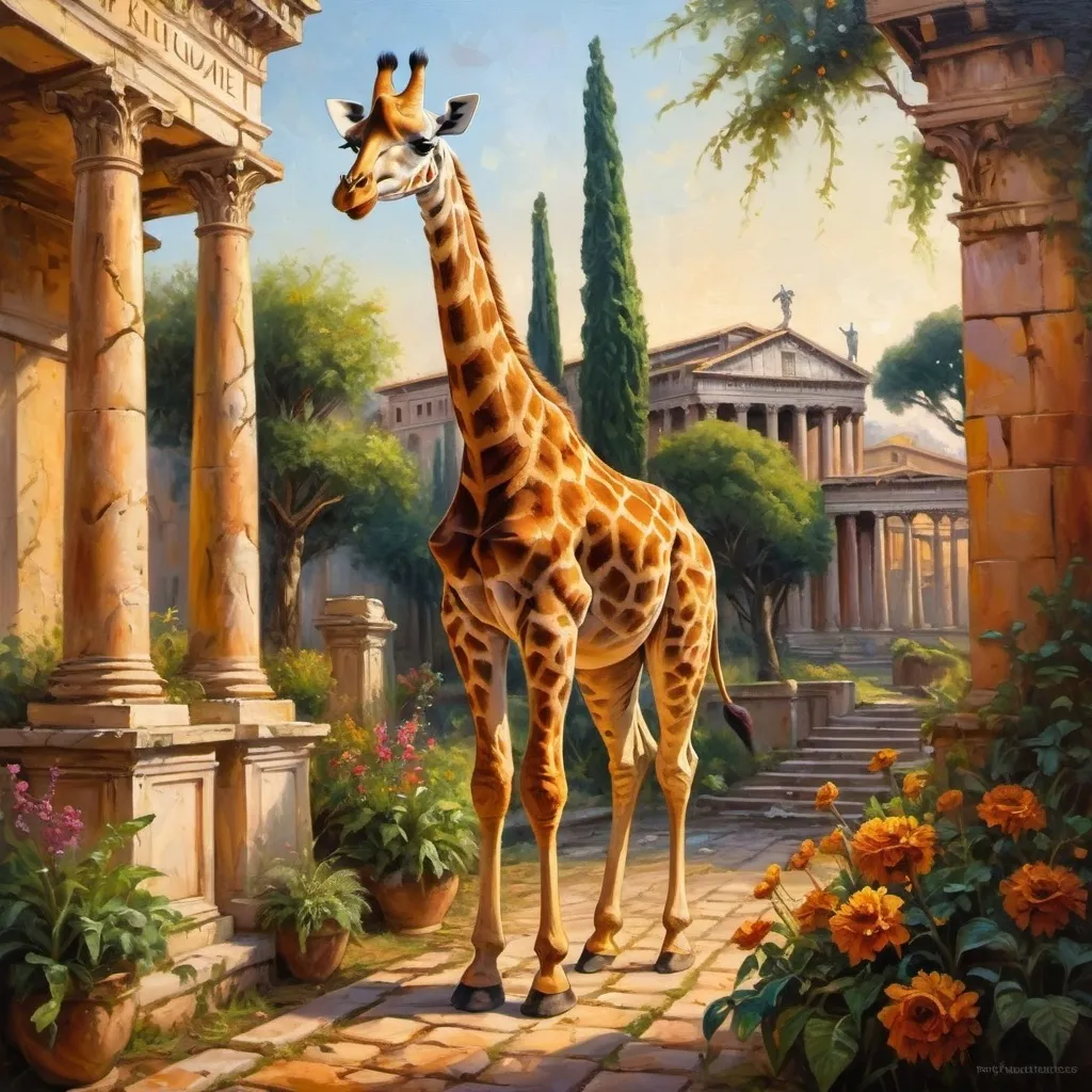 Prompt: une giraffe marchant dans un jardin de la Rome antique, painting style