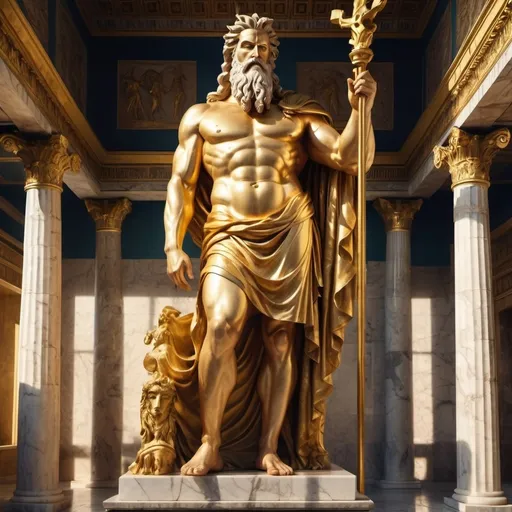 Prompt: (gigantic golden statue of Zeus in an ancient  temple in Greece), intricate details, majestic posture, finished marble and gold texture, classical robes depicted in flowing folds, dramatic sunlight casting shadows,, vibrant colors, evocative atmosphere, rich historical ambiance, cinematic lighting, (highly detailed, 4K) quality, capturing the grandeur of ancient civilization.