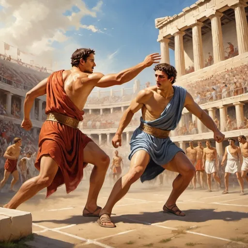 Prompt: (ancient Olympic Games), historical accuracy, (vibrant, rich colors), dynamic athlete poses, outdoor stadium setting, spectators dressed in ancient garments, surrounding stadium, oil painting medium, detailed brush strokes, dramatic lighting reflecting competition, (HD, ultra-detailed), cultural significance atmosphere, capturing the spirit of sportsmanship and greek antiquity