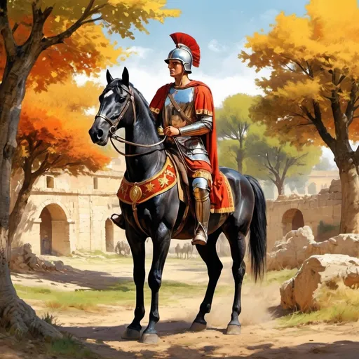 Prompt: un jeune militaire à cheval, période antique, tuniques romaines détaillées, (style bande dessinée vibrant), décors de paysage romain, arbres anciens, ambiance dynamique et historique, couleurs éclatantes, soleil brillant, illustration captivante, (HD), style artistique expressif et cartoonish.