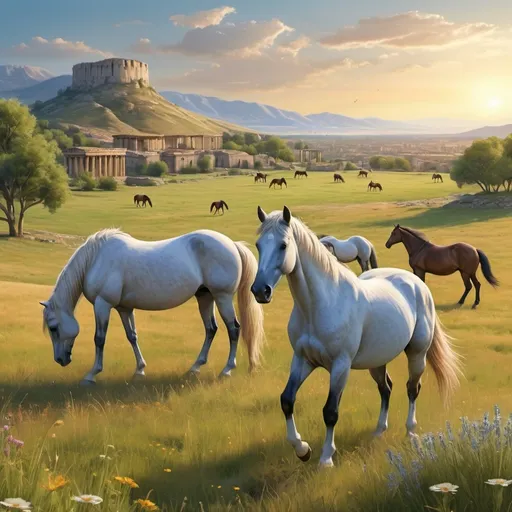 Prompt: (ancient horses in a meadow), soft golden sunlight illuminating the scene, roman city far away in the background, (lush green grass swaying), a vibrant blue sky with wispy clouds, serene and peaceful ambiance, delicate wildflowers scattered throughout the field, distant mountains enhance the depth, majestic horses grazing freely, highly detailed and dynamic composition, ultra-detailed rendering, evoking nostalgia and tranquility. sunset