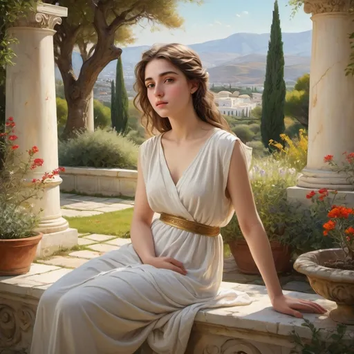 Prompt: (a young woman, 20 years old, white tunic, seated in an ancient Greek garden), serene atmosphere, overgrown with vibrant flowers and lush greenery, sun-drenched paths, classical marble sculptures, reminiscent of antiquity, picturesque olive trees, sweeping views of distant hills, oil painting style, intricate details, warm golden tones blending softly, evoking a sense of peace and nostalgia, masterpiece quality, ultra-detailed.